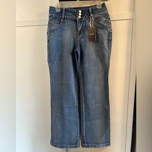 Flamingals Women’s Straight Leg Jeans With Embellished Front Rear Pockets Size M